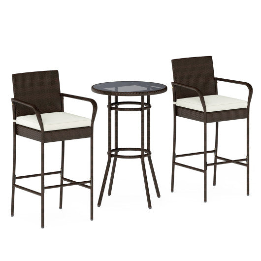 Patio Rattan Bar Height Table and Chairs with 2 Seat Cushions for Porch-White