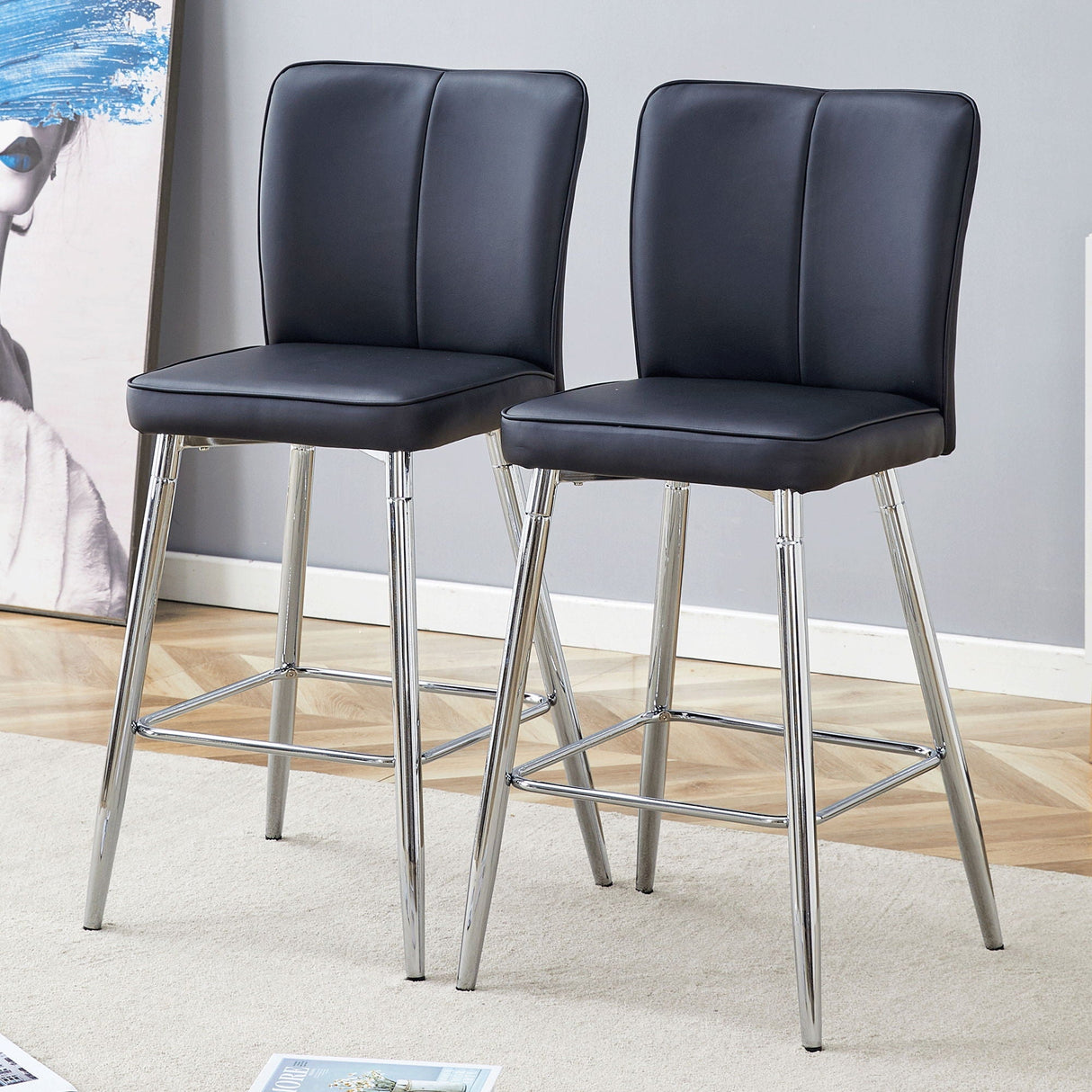 Modern Bar Chair Set with Streamlined Backrest and Metal Legs - 2 Pieces