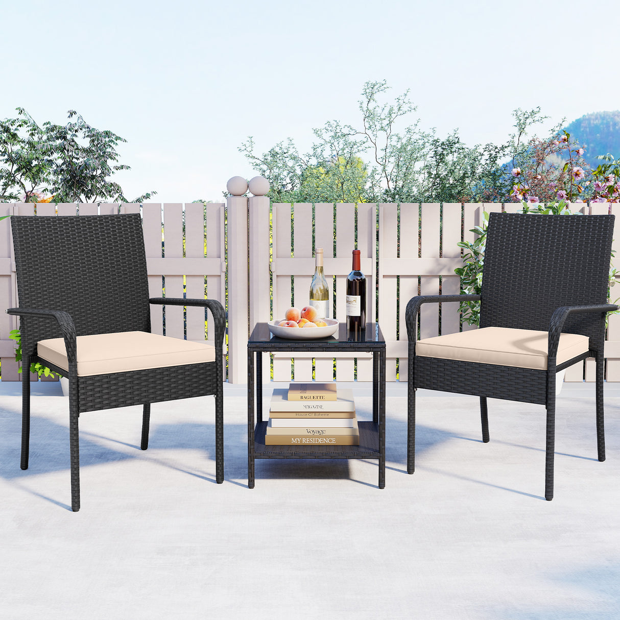 3 Piece Patio Furniture Set with Seat Cushions and Tempered Glass Tabletop-Beige