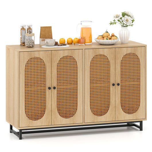 50 Inch Buffet Sideboard Cabinet with 4 Rattan Doors and Adjustable Shelves-Natural