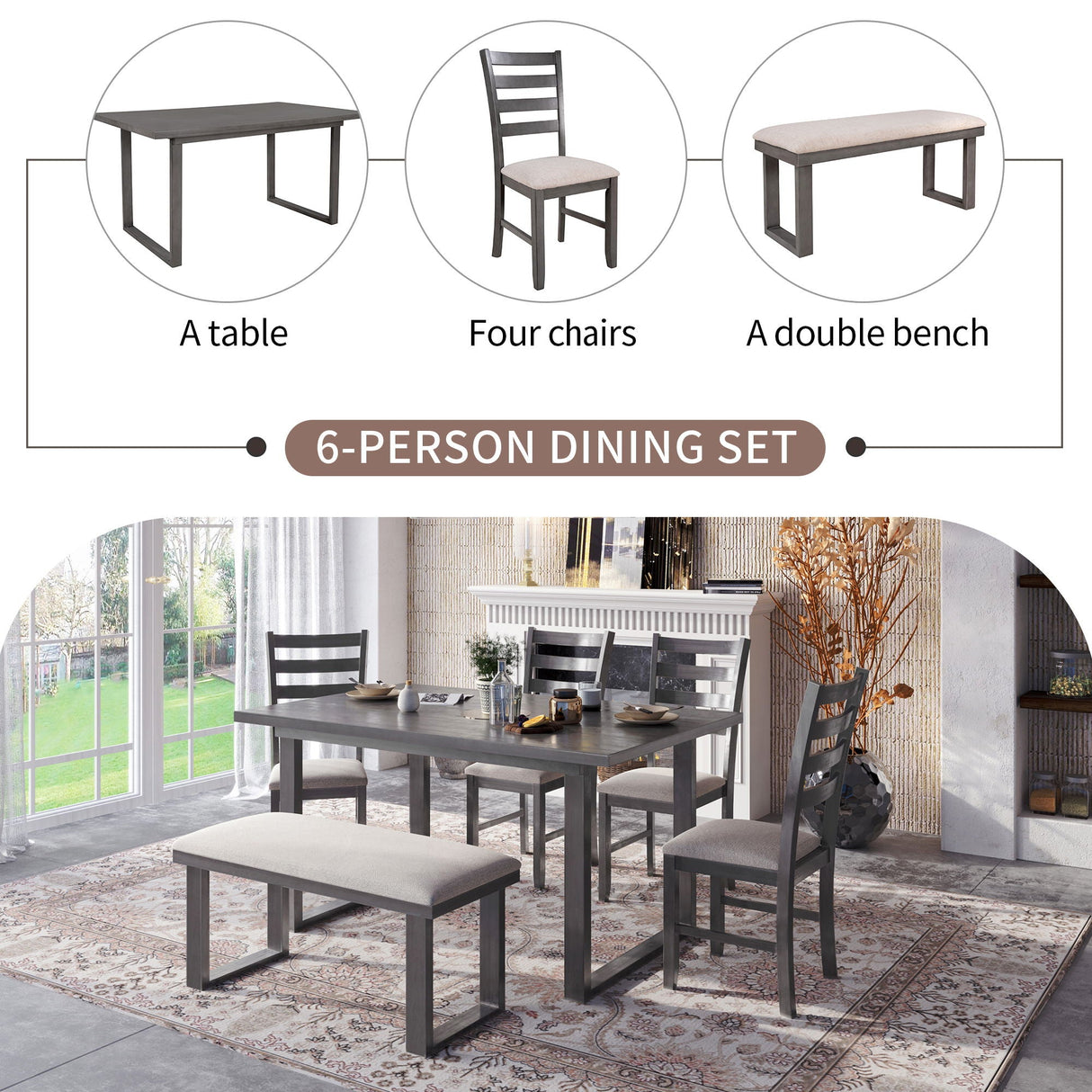 6 Pieces Family Furniture, Solid Wood Dining Room Set With Rectangular Table & 4 Chairs With Bench - Gray by Couch.com