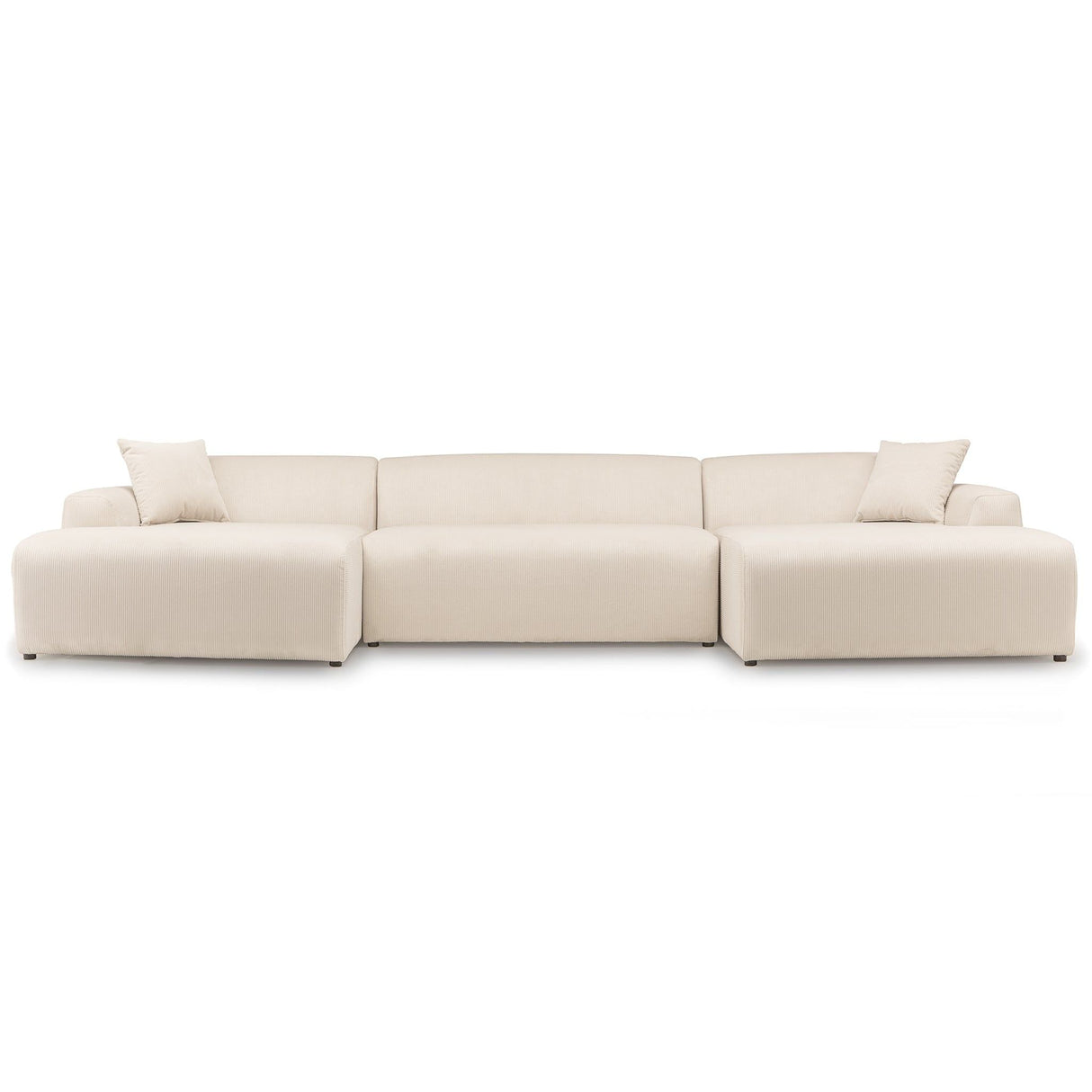 A contemporary beige sectional sofa named the Mar - High-Quality Sectional Sofa features three connected pieces and two matching cushions, showcasing a minimalist design with sleek lines. The sofa is set against a simple white backdrop.