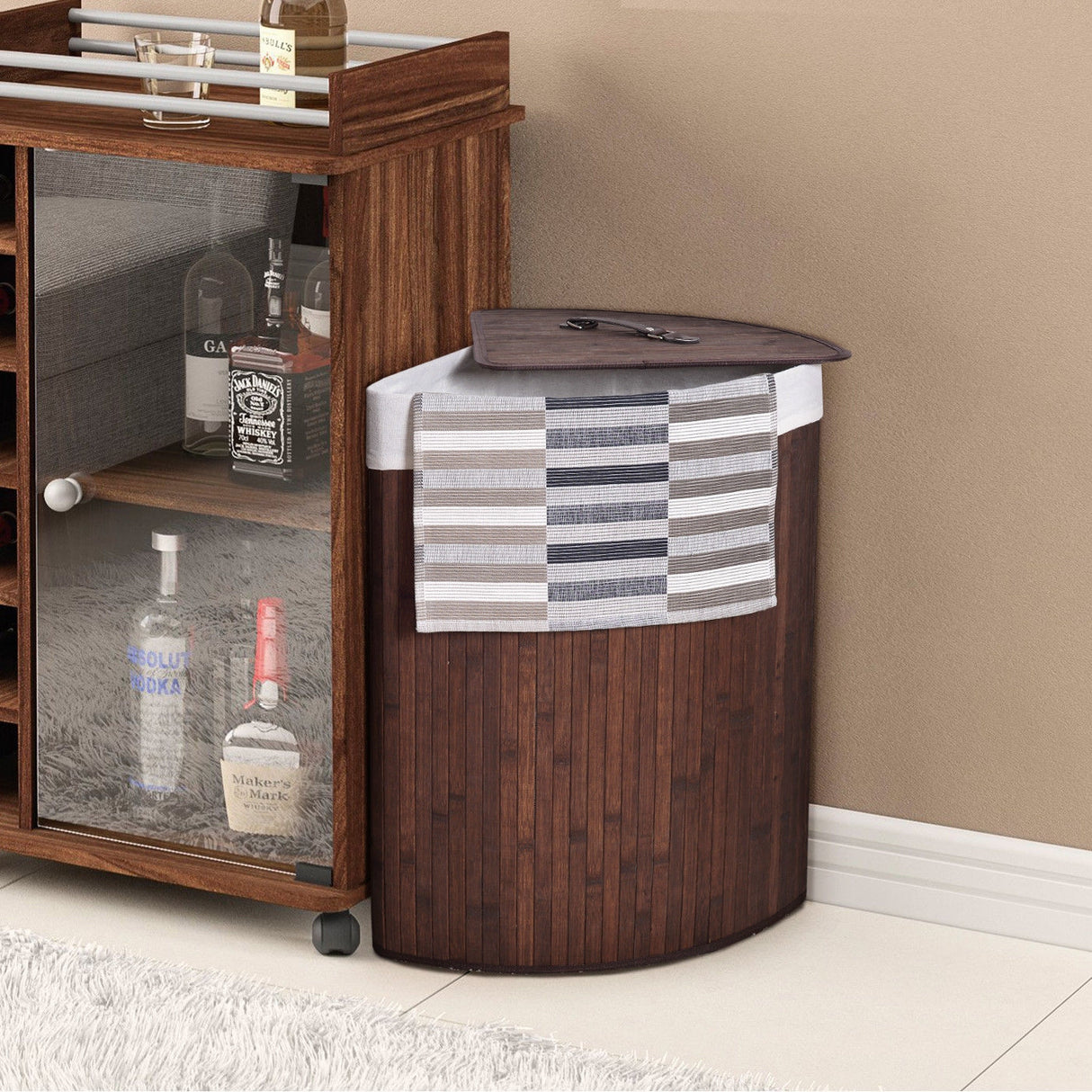 Corner Bamboo Hamper Laundry Basket-Natural