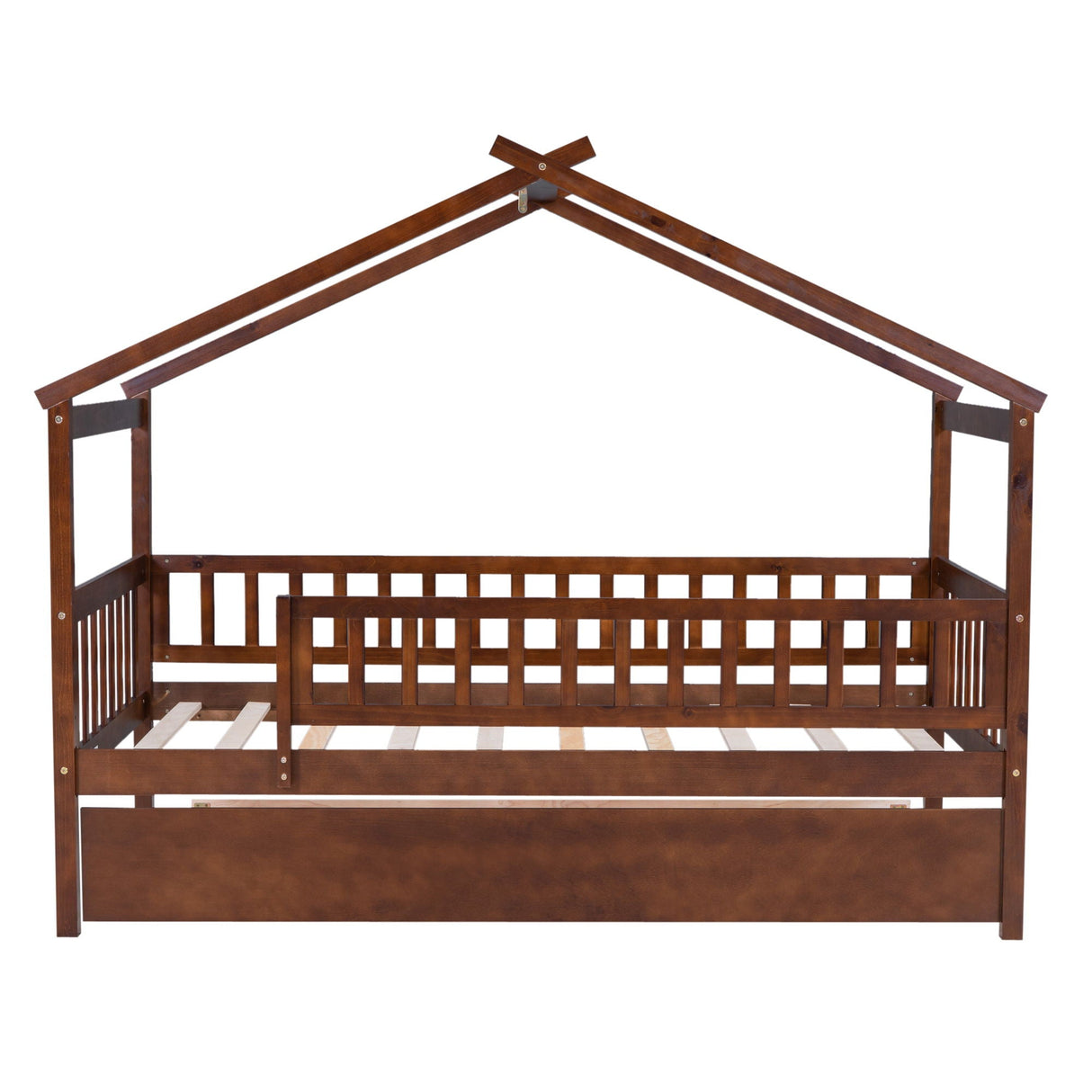The Creativity House Bed With Twin Size Trundle is crafted to resemble a small house with a peaked roof, featuring a simple slatted design, side rails, and a dark brown finish. Its open frame offers a minimalist and rustic appeal.