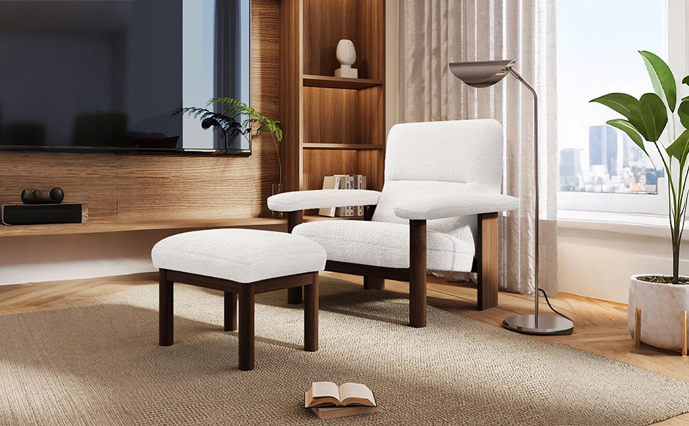 Couch.com Modern Accent Chair With Ottoman, Mid Century Lounge Chair With Footrest, Comfy Fabric Armchair Upholstered Set With Solid Wood Frame For Living Room White, Durable Design, Modern Style by Couch.com