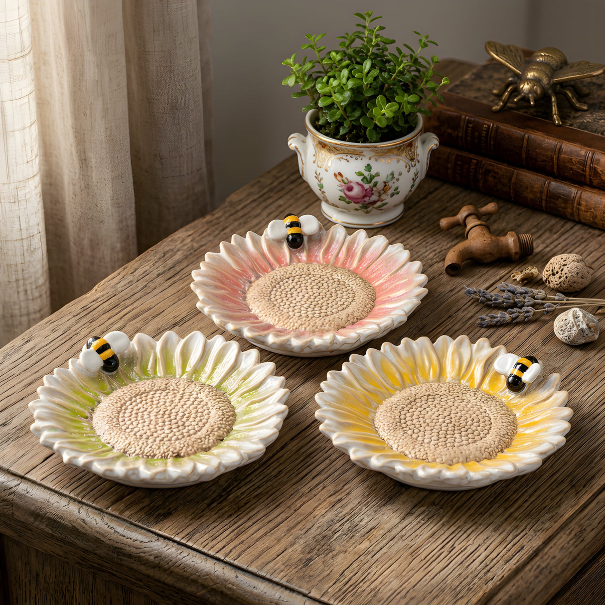 Assorted Flower and Bee Pillar Candle or Wine Base Plate Round 5β³ Set of 3