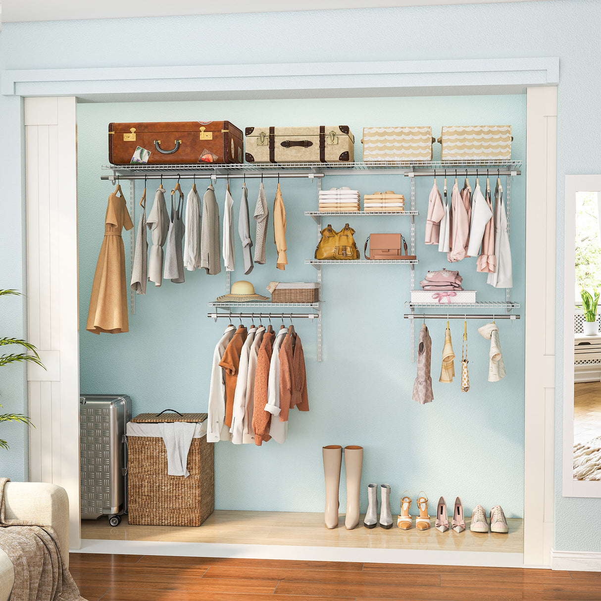 4-8 Feet Closet Organizers and Storage System with Hanging Rod for Laundry Bedroom-White