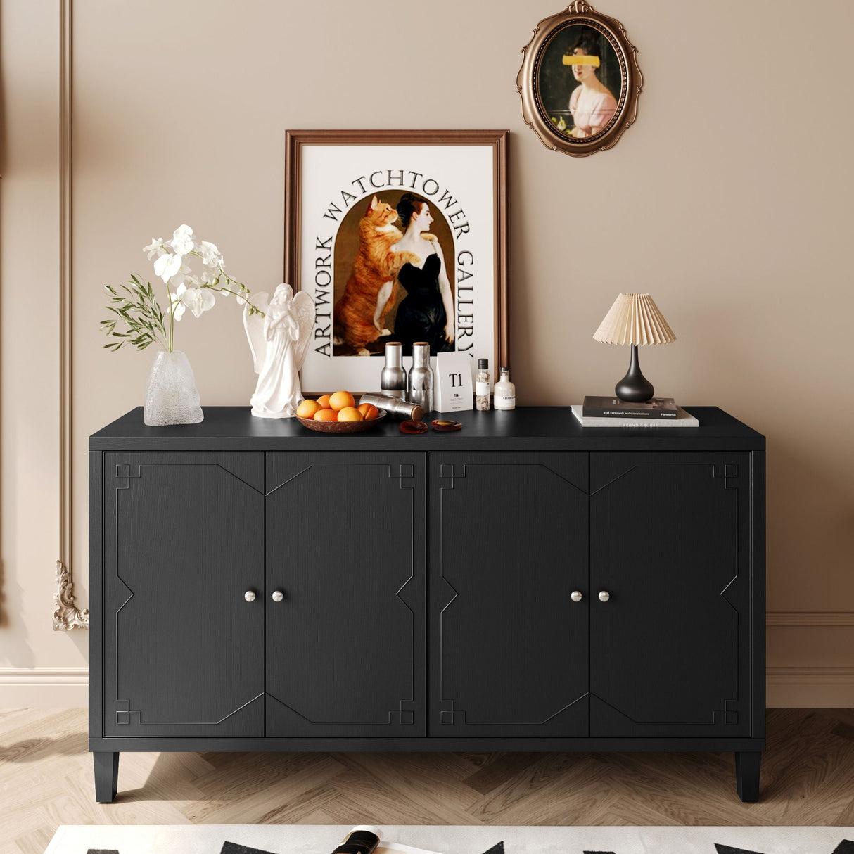 Accent Cabinet 4 Door Wooden Cabinet Sideboard Buffet Server Cabinet Storage Cabinet, For Living Room, Entryway, Hallway, Office, Kitchen And Dining Room - Matte Black by Couch.com