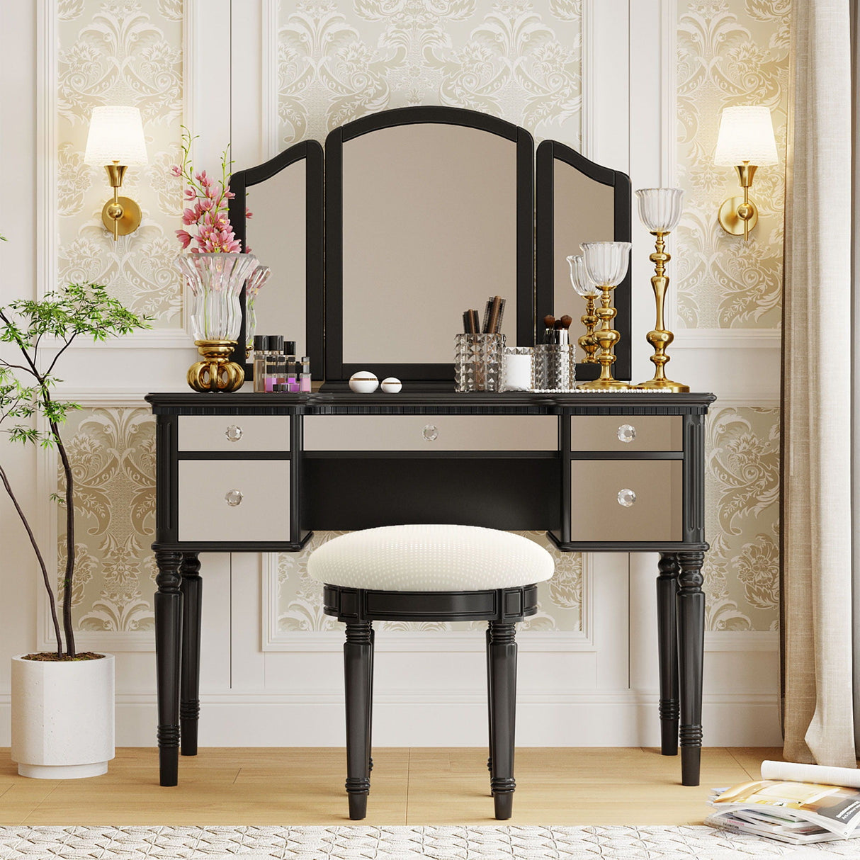 Dressing Table Set With Mirrored Drawers And Stool, Tri-Fold Mirror, Makeup Vanity Set For Bedroom by Couch.com