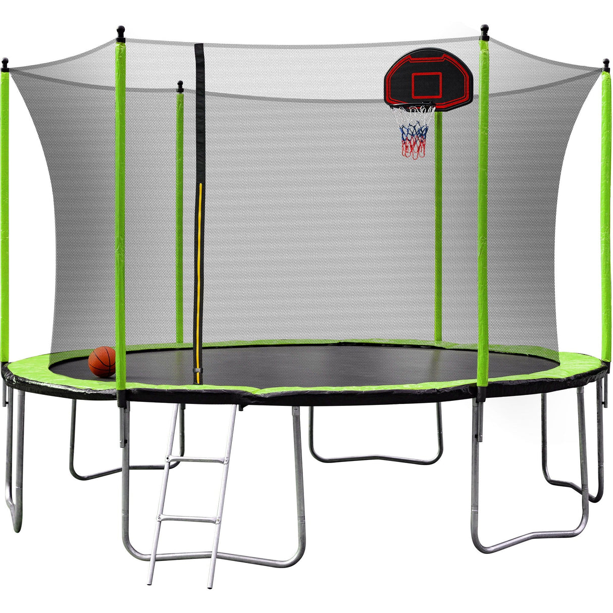 14Ft Trampoline With Basketball Hoop Inflator And Ladder (Inner Safety Enclosure) - Green by Couch.com