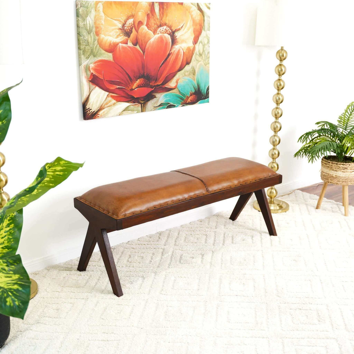 Chad - Mid-Century Modern Leather Bench - Brown / Tan by Couch.com