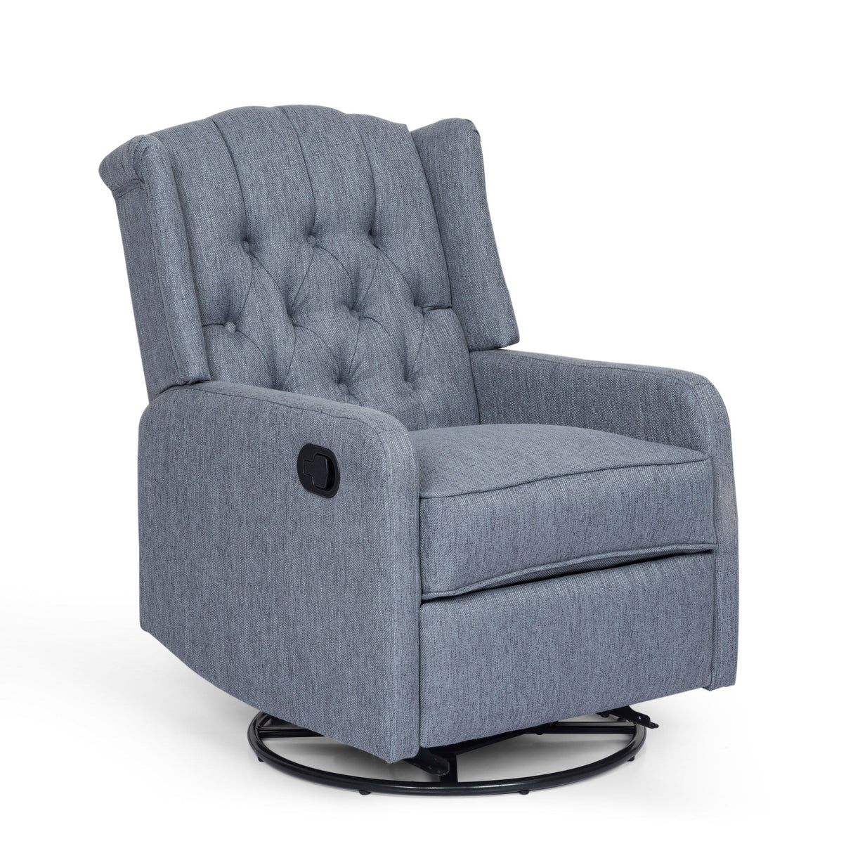 The Classic Design Manual Recliner Chair features a plush gray, tufted backrest and armrests with a side lever. Its sleek, modern design sits on a 360-degree swivel circular base against a plain white background.