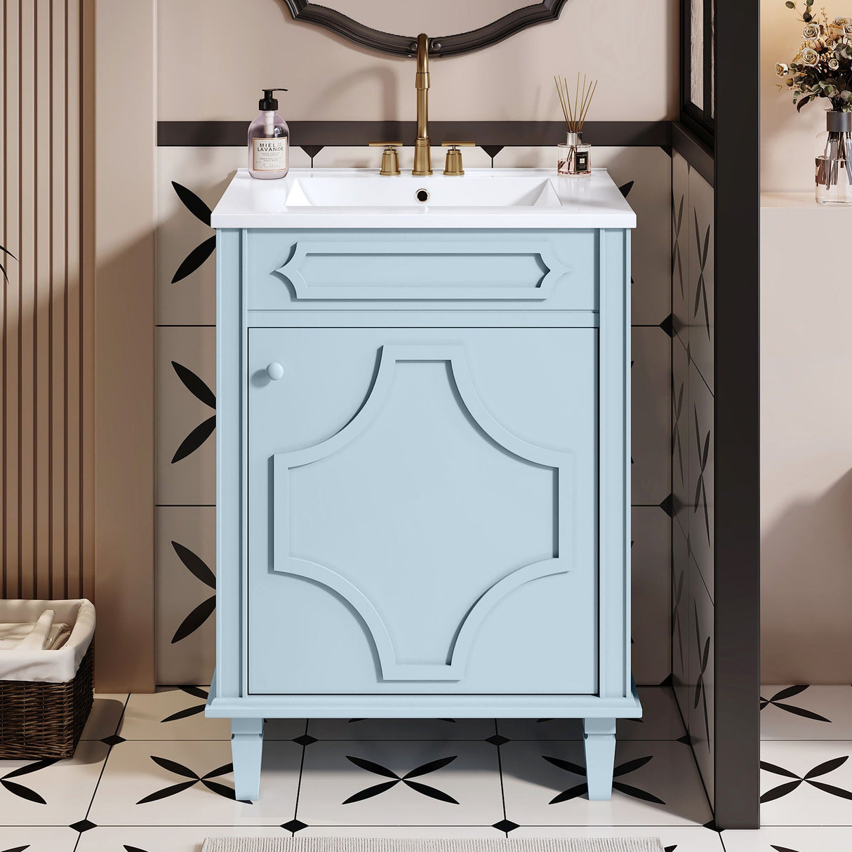 Bathroom Vanity With Ceramic Sink Combo, Modern Freestanding Storage Cabinet With Height Adjustable Shelf, Soft Closing Doors - Blue by Couch.com