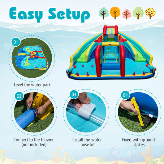 Inflatable Double Water Slide Park with Obstacle Course and Basketball Hoops