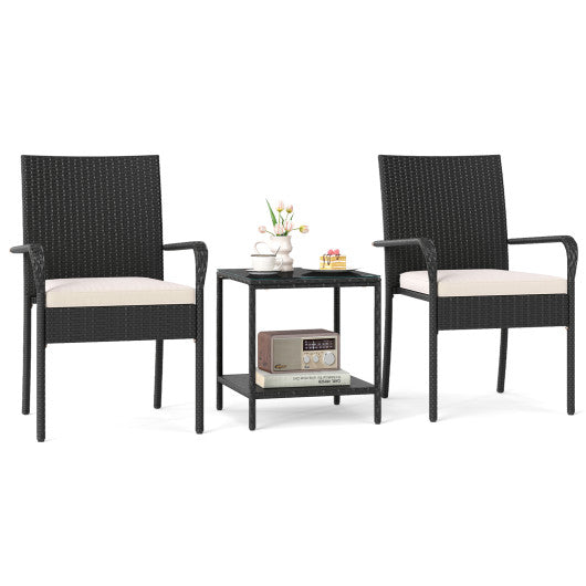 3 Piece Patio Furniture Set with Seat Cushions and Tempered Glass -White