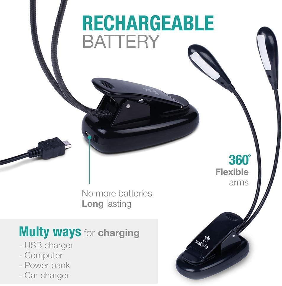 Super Adjustable Goosenecks Clip LED Lamp For Book Reading With Stand And Double Ligh Rechargeable 12 LED Warm Book Light, Clip On Bed Reading Light, Music Stand Lamp, 2 Brightness & 2 Goosenecks Light Up 2 Full Pages. Perfect For Bookworms, Kids & Music