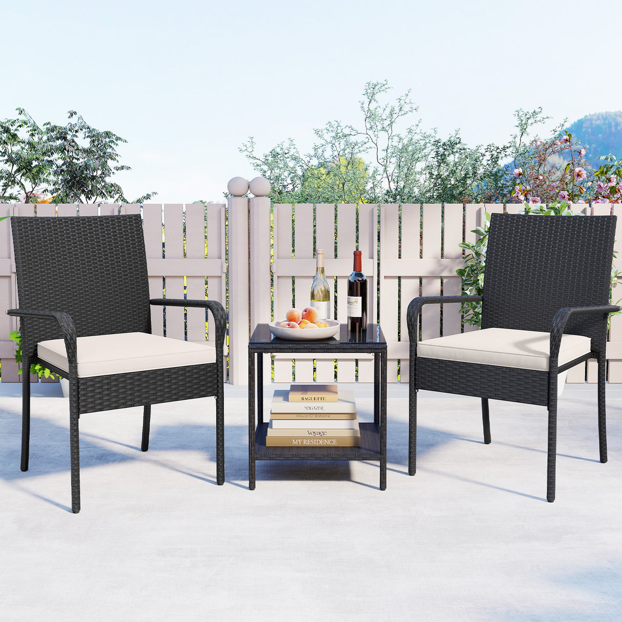 3 Piece Patio Furniture Set with Seat Cushions and Tempered Glass -White