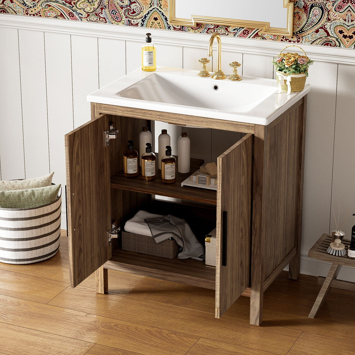 Bathroom Vanity With Single Sink, Combination Under Counter Sink, Bathroom Storage Cabinet With Soft Closing Door, Multi-Function Storage, Solid Wood Frame - Light Brown by Couch.com