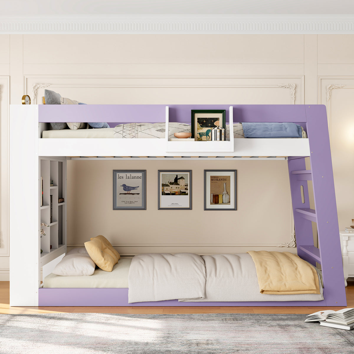 Twin Over Twin XL Bunk Bed with Storage Shelves & Guardrail Storage Basket, White+Light Purple