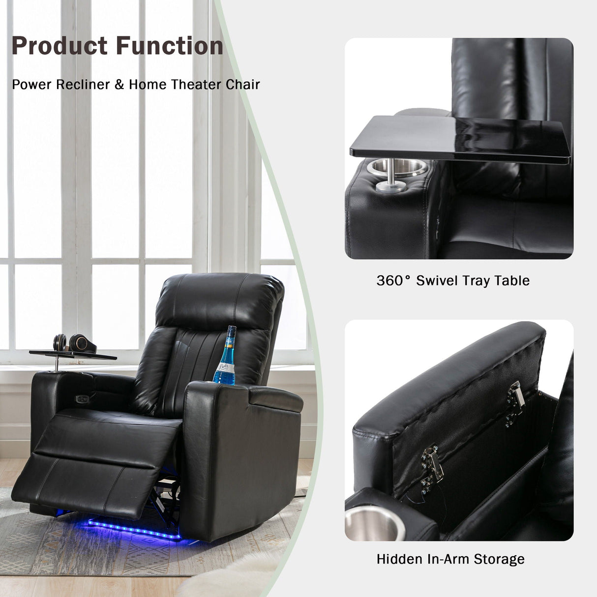 Couch.com Premium Power Recliner & Storage Arms, Cupholders, Swivel Tray Table And Cell Phone Stand Black, with Storage, Faux Leather Construction, Black Finish by Couch.com