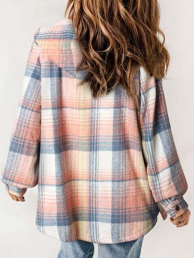 Plaid Snap Down Plush Hooded Jacket Soft & Warm Women Outerwear Cozy And Comfortable Jacket