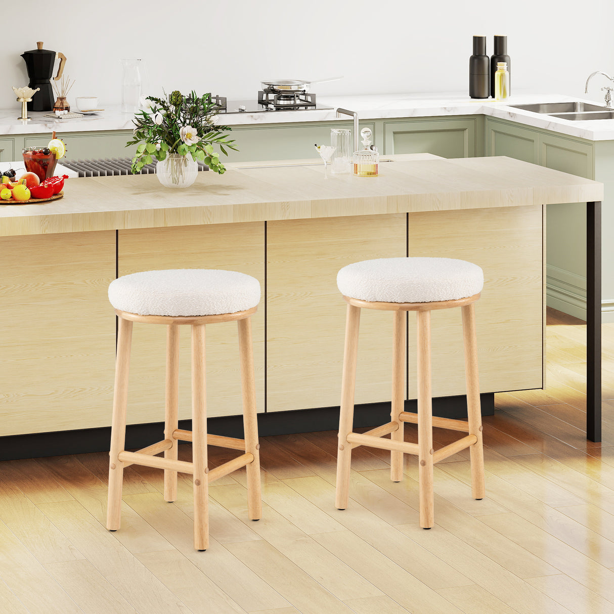27" Bar Stools Set of 2 Upholstered Barstools with Boucle Fabric Seats-White