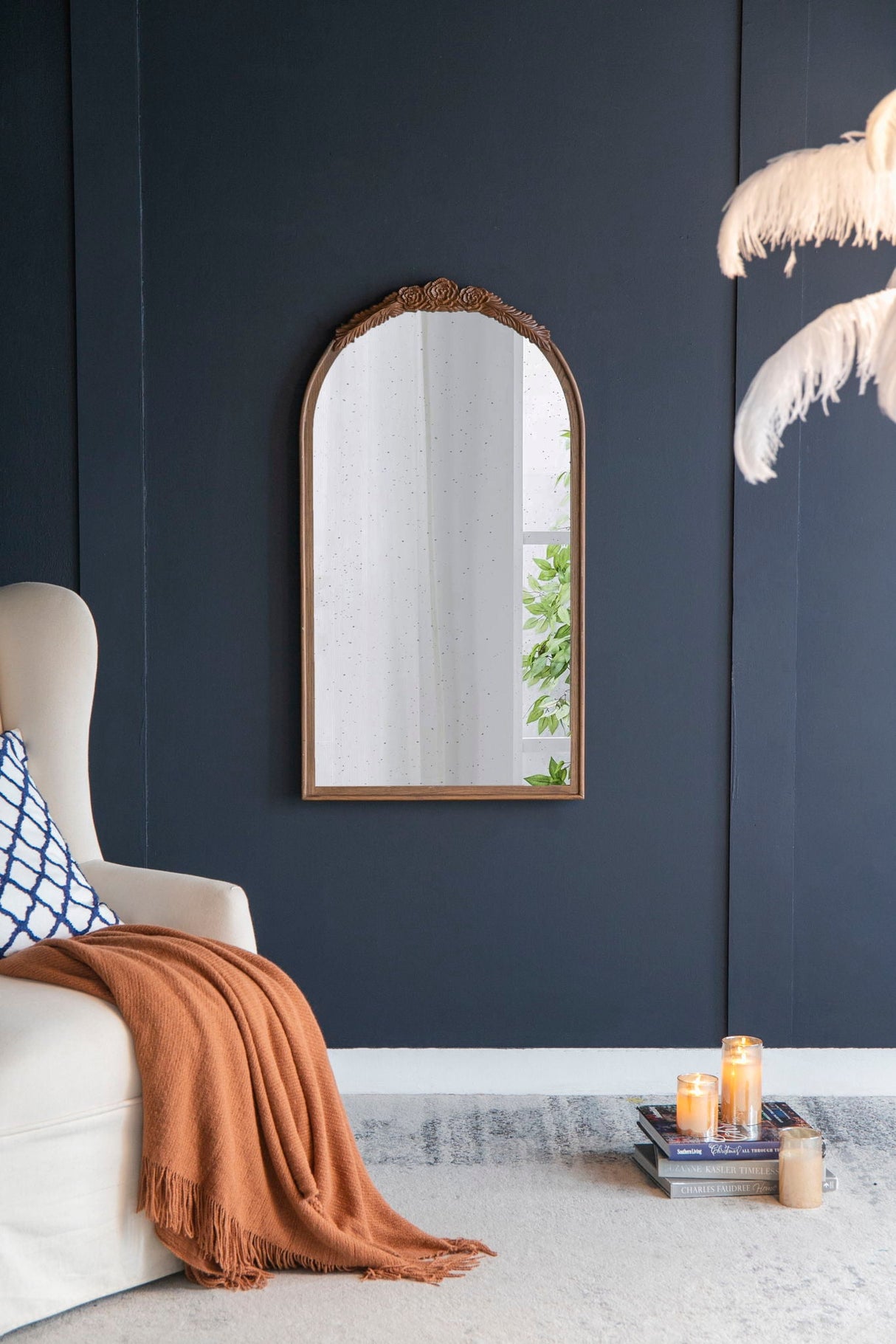 Hand Carved Rose Antique Mirror Frame, Wood Arch Mirror Wall Decor For Living Room by Couch.com