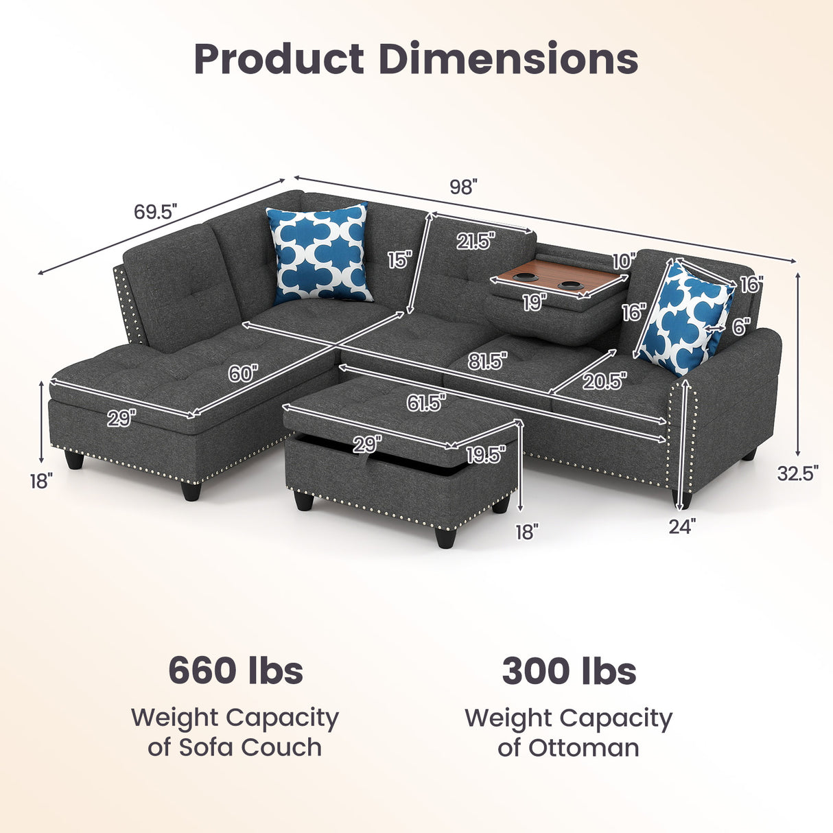 98 Inches Sectional Sofa Couch with Movable Storage Ottoman and Linen Fabric Backs-DG
