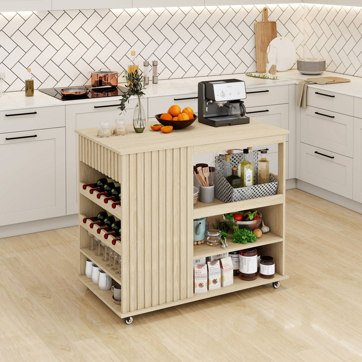 Kitchen Island Cart, Rolling Serving Utility Trolley Cart Modern Kitchen Island With Storage Drawer Wine Rack Lockable Casters, Kitchen Cart For Kitchen, Dining Room, Bar Living Room - Natural by Couch.com