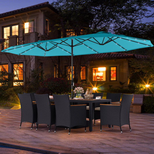 11 Pieces Patio Dining Set with LED Patio Umbrella with Base and Seat Cushions (Beige)-Turquoise