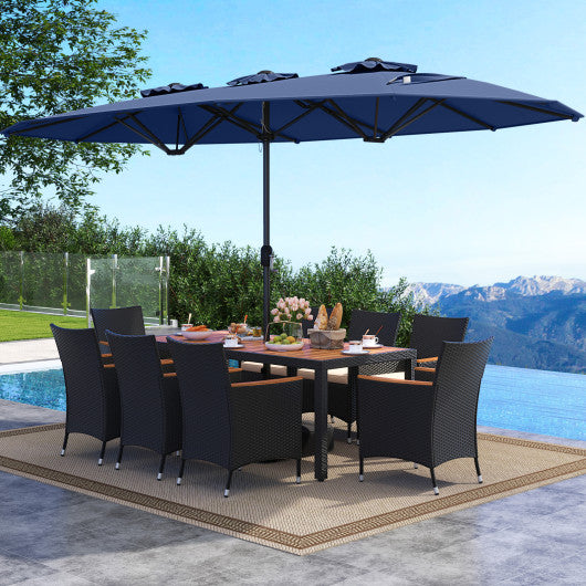 10 Piece Outdoor Dining Set with 15 Feet Double-Sided Twin Umbrella-Navy