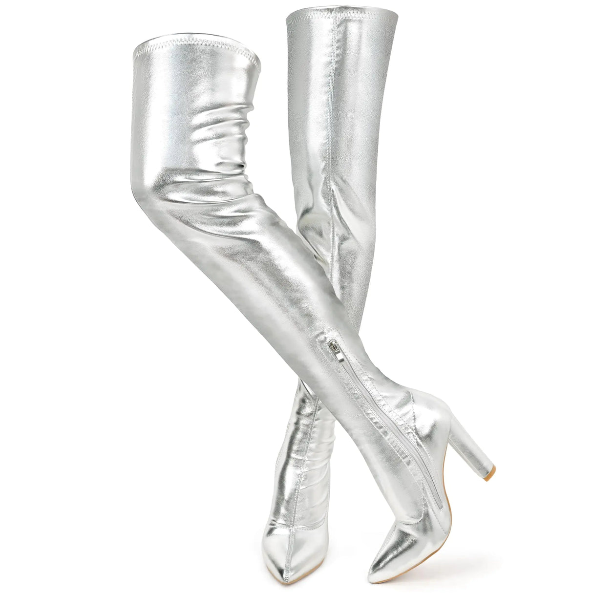 Wsheliu Silver Thigh High Boots Women Chunky Heel Over The Knee Boots Stretchy Tall Boots Sexy Pointed Toe Fashion GOGO Boots Knee High Boots Prom Party Silver US 6