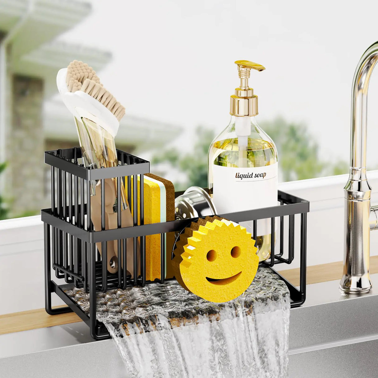 Sponge Holder for Kitchen SinkSmiley Face Kitchen Sink Caddy with Removable Brush HolderSelf-Draining Kitchen Sink Organizer for SpongeSoapDish BrushScrubberKitchen Essentials and Gadgets