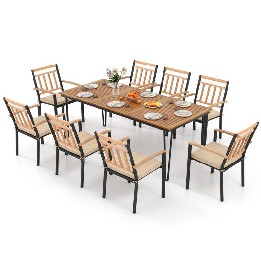 9-Piece Patio Dining Set 35.5 Inch Acacia Wood Table with Umbrella Hole and 24-Inch Wide Chairs