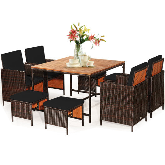 9 Pieces Patio Rattan Dining Cushioned Chairs Set-Black