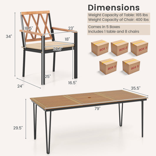 9-Piece Patio Dining Set 35.5 Inch Acacia Wood Table with Umbrella Hole and 22.5-Inch Wide Chairs