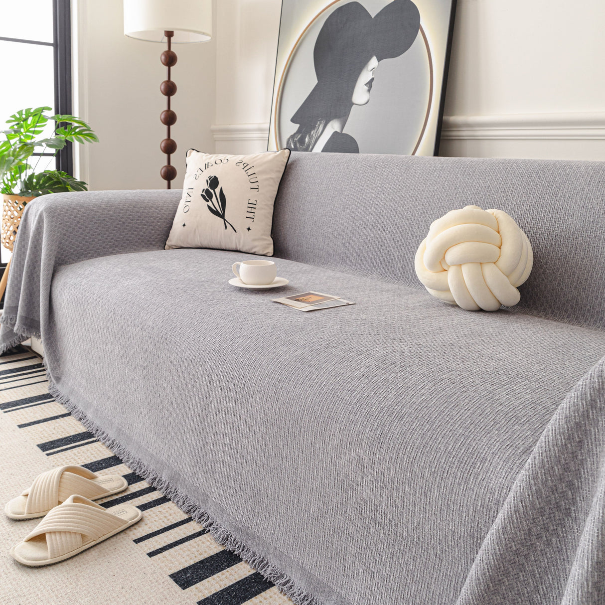 Textured Woven Modern Sofa Cover, Natural Blend Decorative Couch Throw Blanket