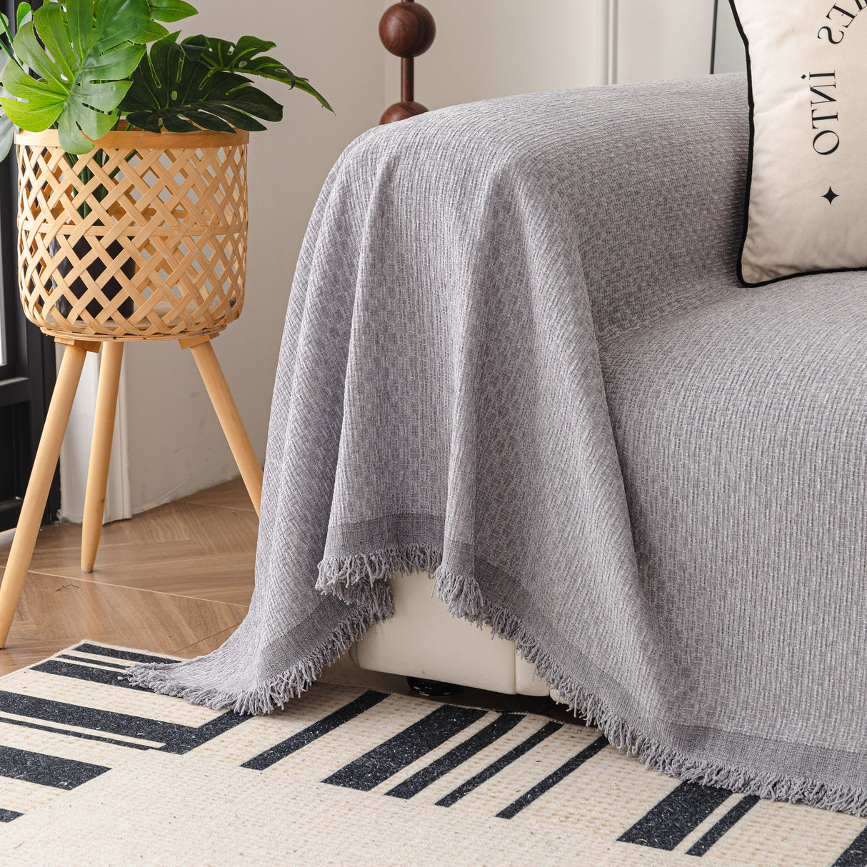 Textured Woven Modern Sofa Cover, Natural Blend Decorative Couch Throw Blanket