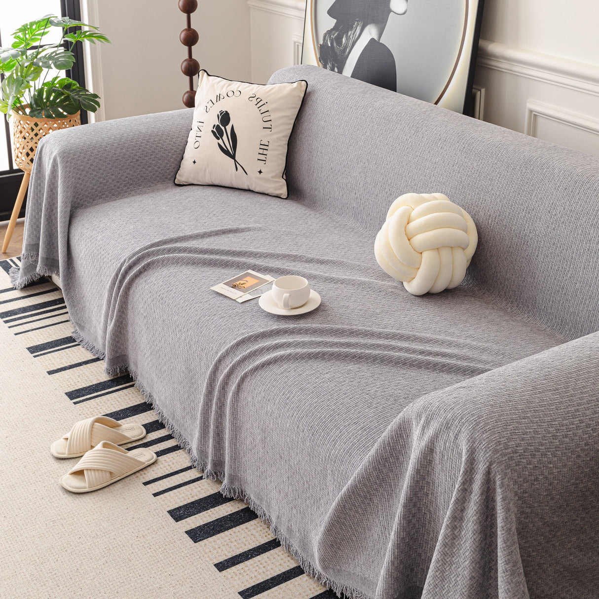 Textured Woven Modern Sofa Cover, Natural Blend Decorative Couch Throw Blanket