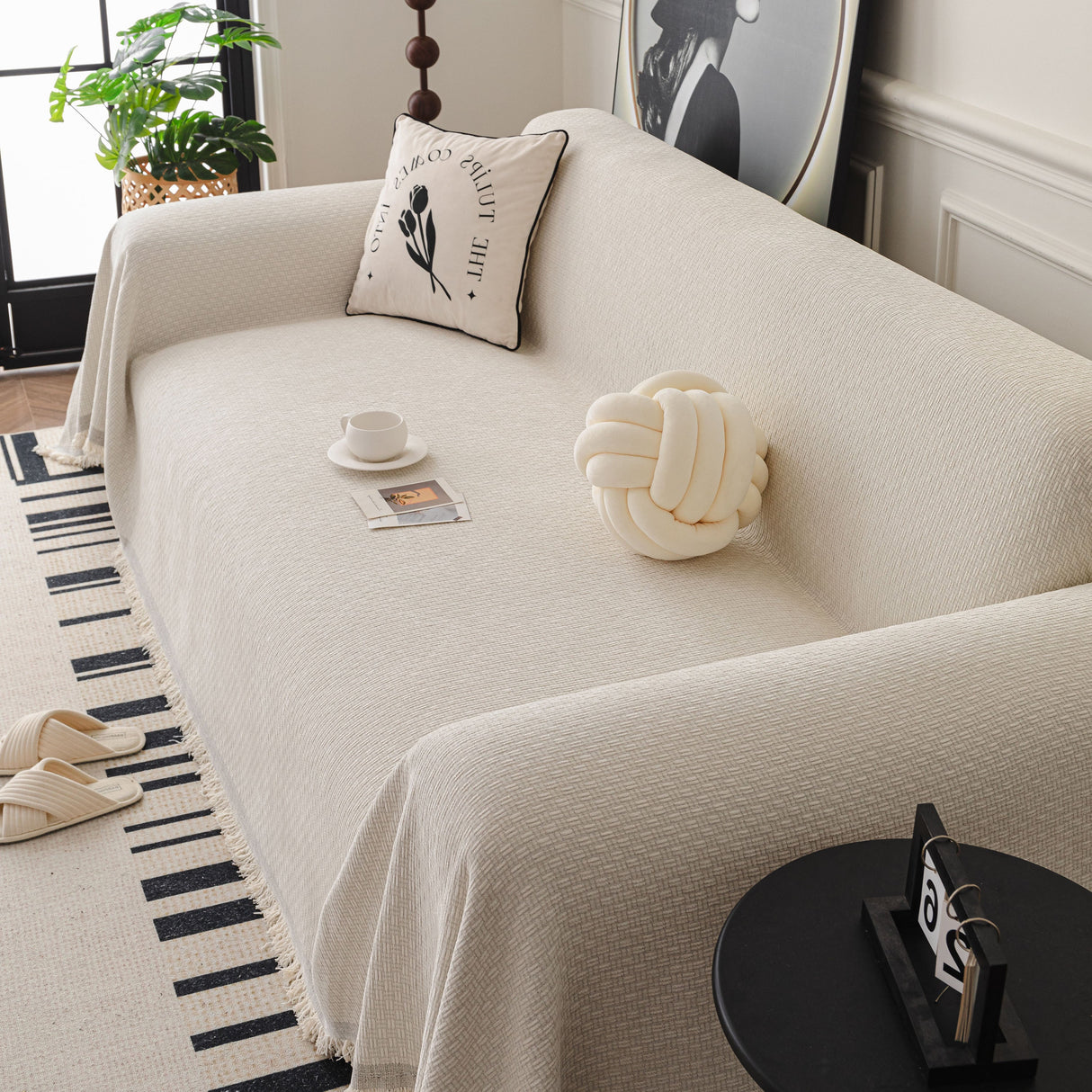 Textured Woven Modern Sofa Cover, Natural Blend Decorative Couch Throw Blanket