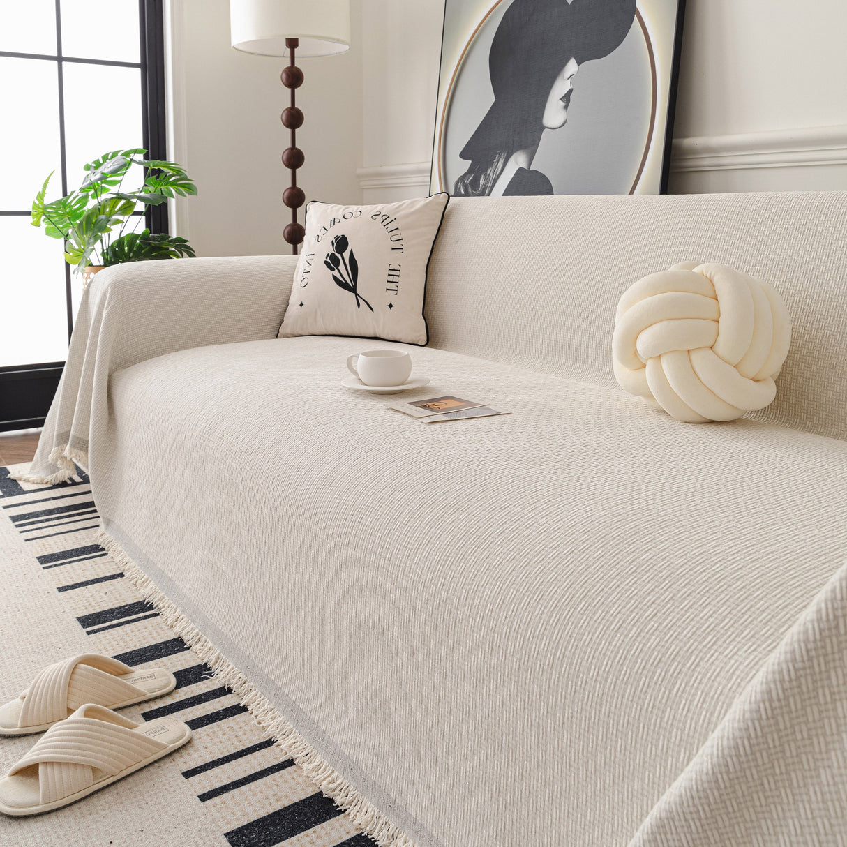 Textured Woven Modern Sofa Cover, Natural Blend Decorative Couch Throw Blanket