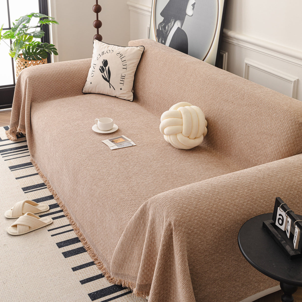 Textured Woven Modern Sofa Cover, Natural Blend Decorative Couch Throw Blanket