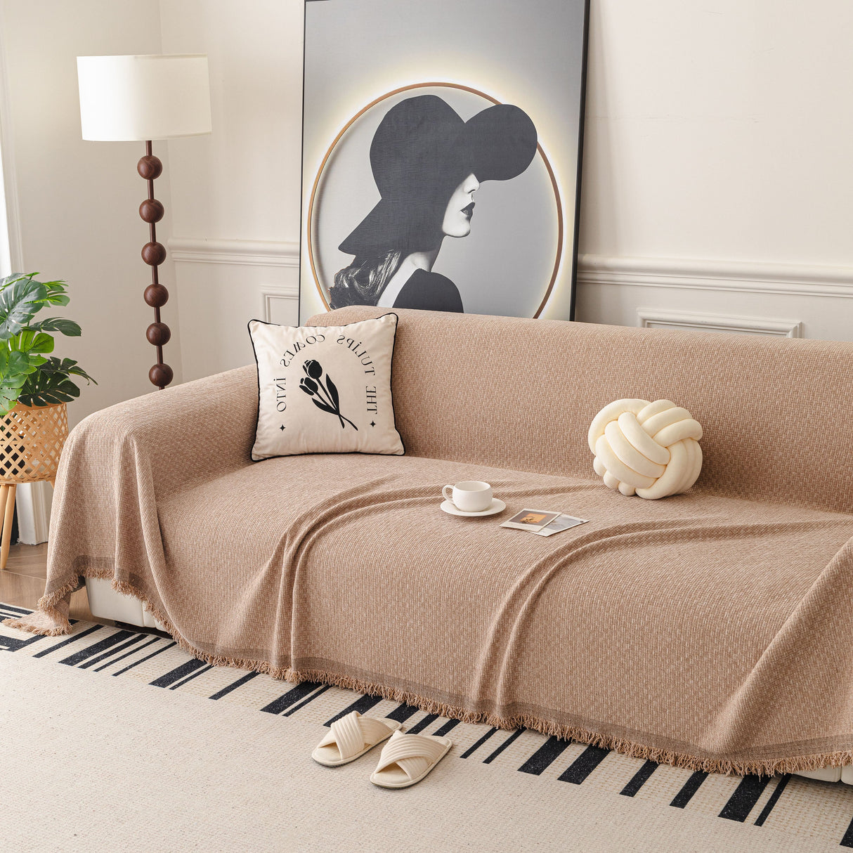 Textured Woven Modern Sofa Cover, Natural Blend Decorative Couch Throw Blanket