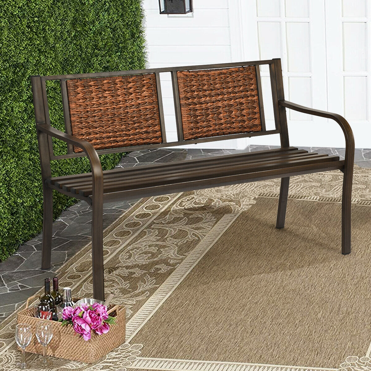 Patio Garden Bench with Powder Coated Steel Frame for Lawn