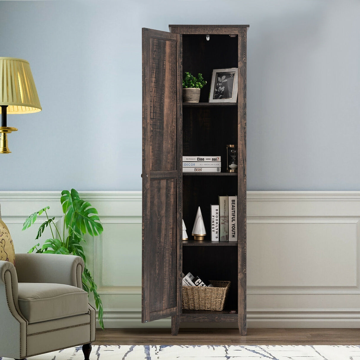 Linen Tower Bathroom Storage Cabinet Tall Slim Side Organizer with Shelf-Black