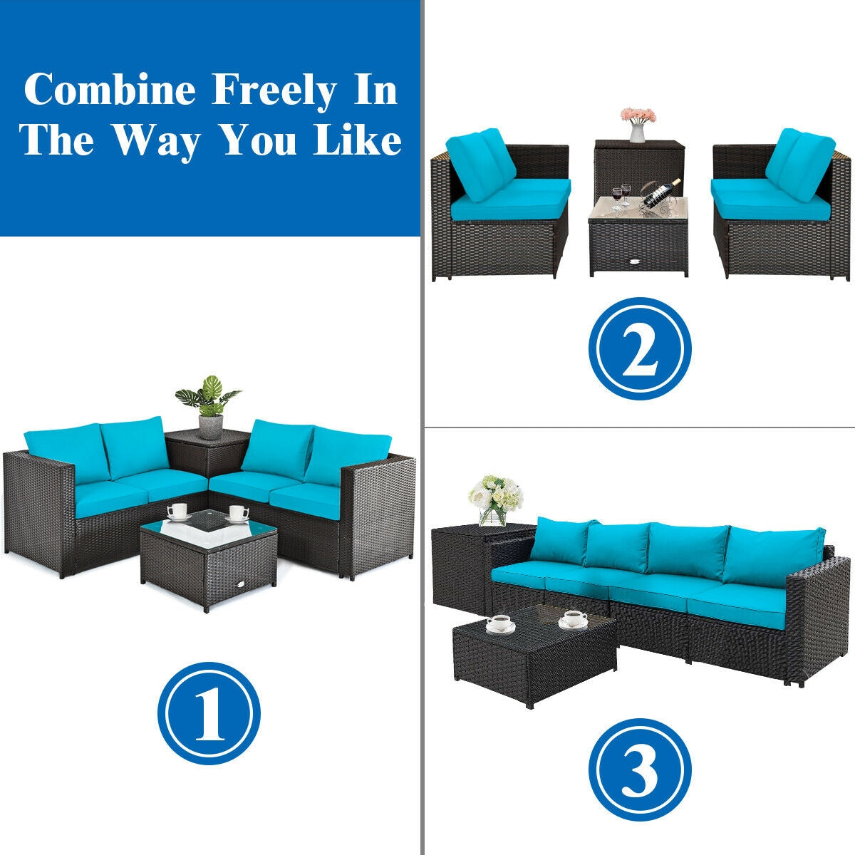 4 Pieces Outdoor Patio Rattan Furniture Set with Cushioned Loveseat and Storage Box-Brown