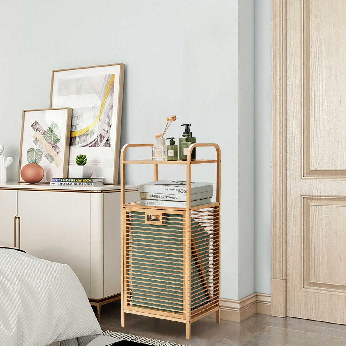 Tilt-out Bamboo Laundry Hamper with 2-Tier Shelf and Removable Liner-Natural