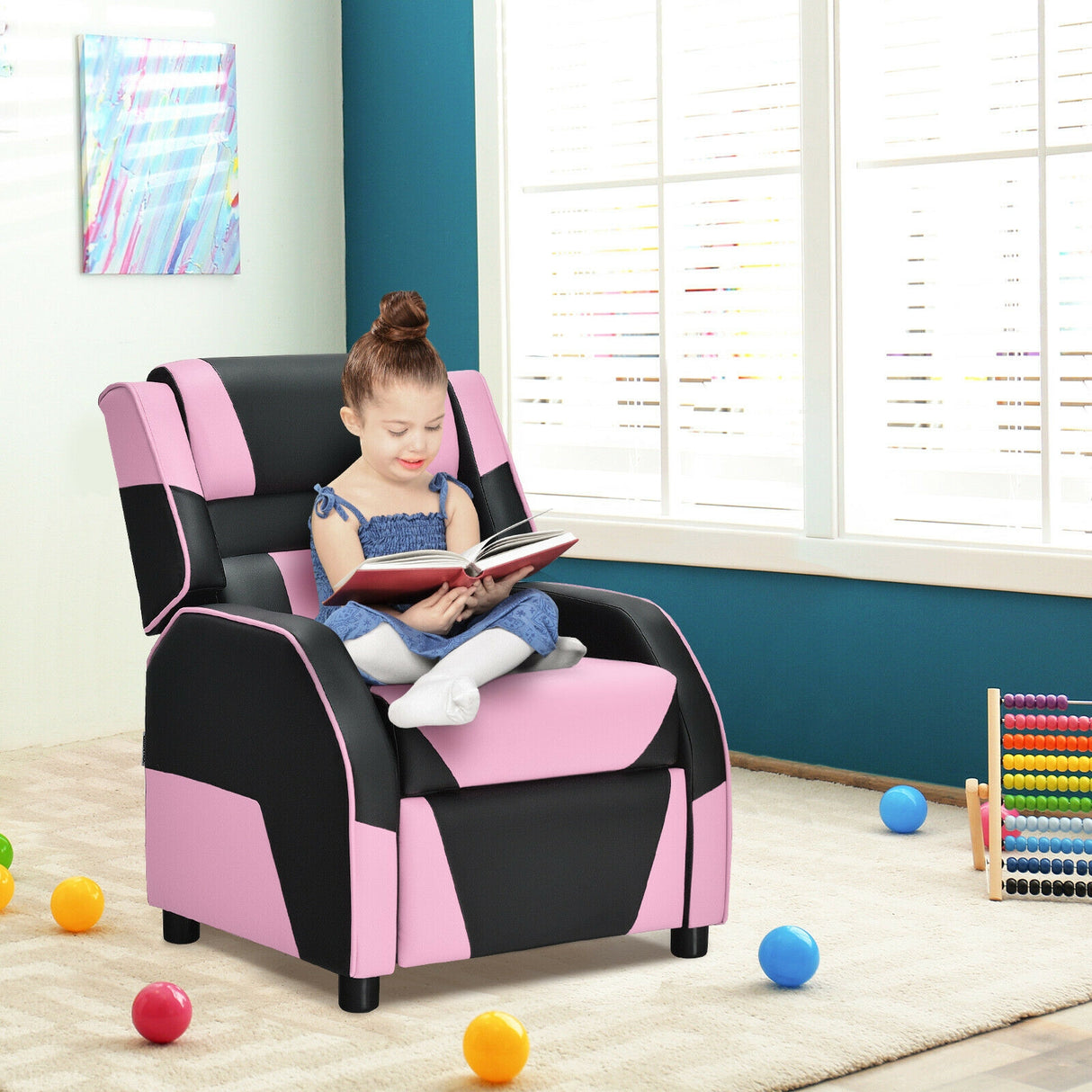 Kids Youth PU Leather Gaming Sofa Recliner with Headrest and Footrest-Red