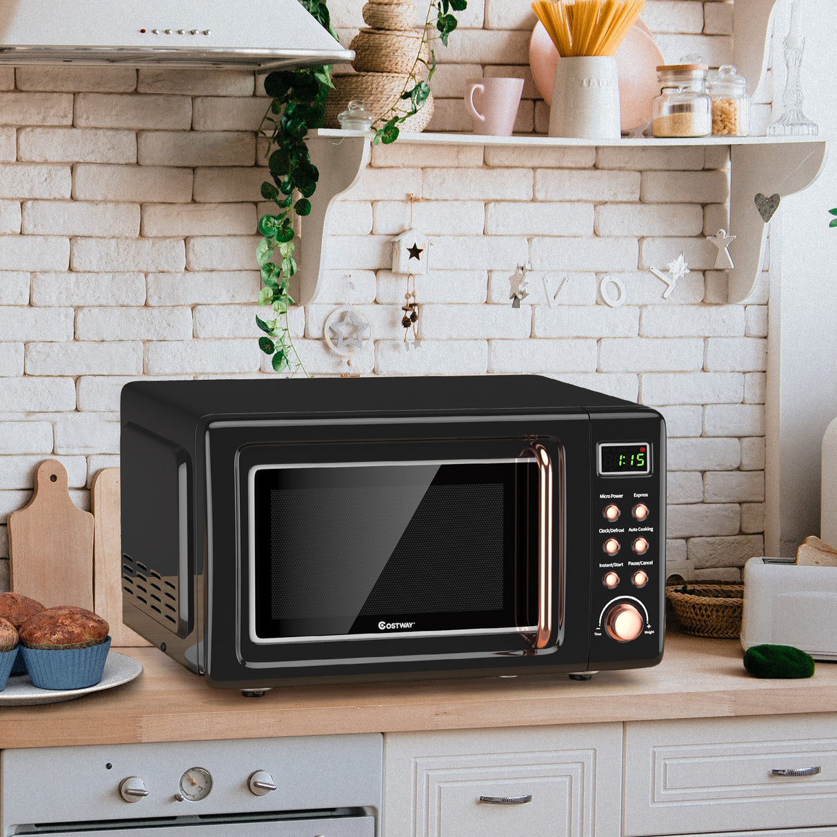 700W Retro Countertop Microwave Oven with 5 Micro Power and Auto Cooking Function-White