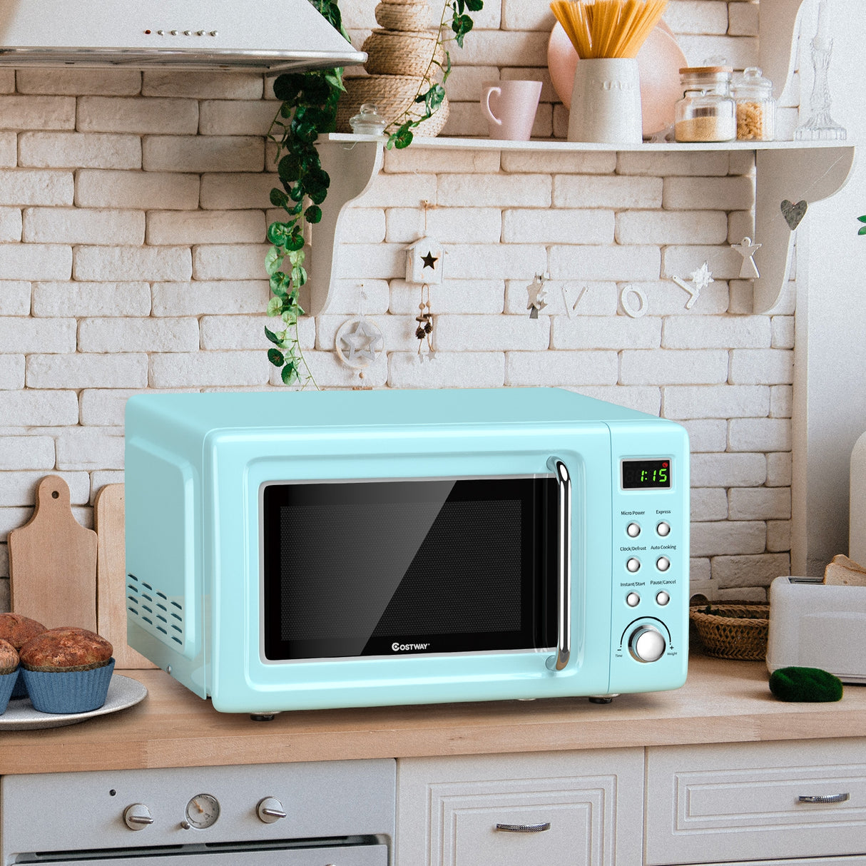 700W Retro Countertop Microwave Oven with 5 Micro Power and Auto Cooking Function-White